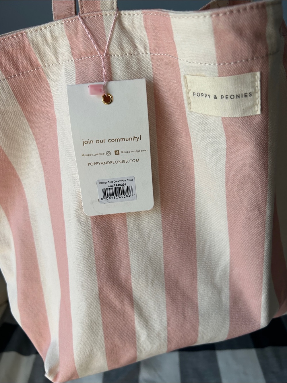 Poppy & Peonies Pink Stripe Canvas Tote Bag and matching cosmetic pouch - Picture 10 of 10